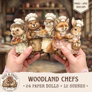 May include: A set of paper dolls featuring a hedgehog, beaver, otter, fox, and rabbit dressed as chefs in white hats and aprons, holding baked goods. The text reads PNG 300 DPI, ROSE & PAGES JUNK JOURNAL SHOP, WOODLAND CHEFS, 24 PAPER DOLLS + 12 SCENES.
