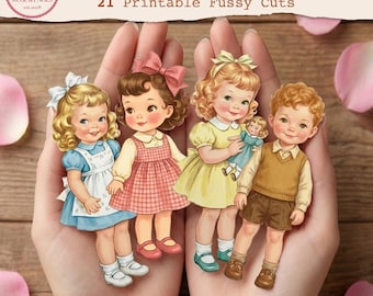 Imágenes prediseñadas de muñecas de papel vintage, 21 personajes retro para diarios y álbumes de recortes, recortes imprimibles para diarios creativos, Rose and Pages