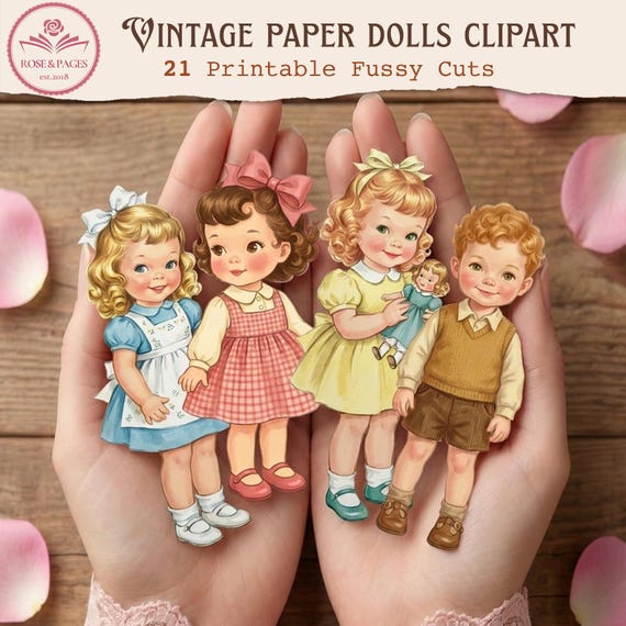 Printable Paper Dolls 1950s Style – 24 Retro Characters for Journaling and Scrapbooking. Vintage Paper Dolls Clipart,Printable Fussy Cuts