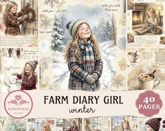 Páginas de diario navideño de invierno de Farm Diary Girl / Ephemera Cottagecore de acuarela vintage / Kit de álbum de recortes imprimible — Rose & Pages