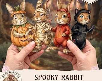 Kit de imágenes prediseñadas de conejitos de papel de Halloween, kit de teatro de marionetas, muñecos recortables de conejos vintage de Halloween, 24 muñecos, kit de manualidades, efímeros para álbumes de recortes