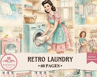Páginas de diario de recortes estilo retro para lavandería / Artículos efímeros vintage de los años 50 en tonos pastel para el día de la colada / Kit de álbum de recortes imprimible estilo cottagecore — Rose & Pages