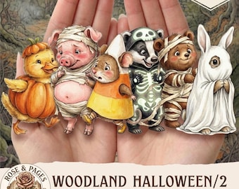 Imágenes prediseñadas de muñecos de papel de animales del bosque de Halloween, kit de teatro de marionetas con escenas, muñeco de papel recortable estilo cottagecore, efímeros para álbumes de recortes, vol. 2