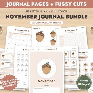 November Journal Bundle Printable, Acorn Hollow Journal Pages + Fussy Cuts, Junk Journal Kit, Ephemera, Bullet Journal, Mood Tracker
