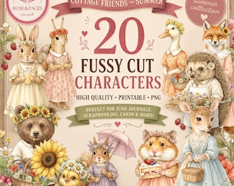 Kit de diario de verano con recortes de animales estilo cottagecore, papel imprimible de amigos del bosque vintage, páginas de efímeros para manualidades, rosas y páginas.