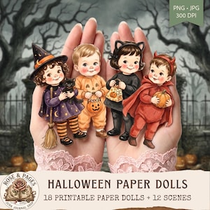 May include: A set of Halloween paper dolls featuring four children in costumes: a witch with a black cat, a pumpkin-clad child, a black cat-eared child with a treat bag, and a red devil with a pumpkin. Text includes PNG, JPG, 300 DPI, and Halloween Paper Dolls.