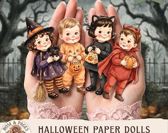Imágenes prediseñadas de muñecas de papel infantiles de Halloween estilo retro, PNG de recorte preciso estilo cottagecore vintage, 24 disfraces de Halloween para niños, descarga digital imprimible