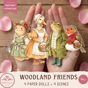 May include: A set of four illustrated paper dolls featuring a snail in a sun hat, a duck in a dress with a basket, a frog in a green coat and boots, and a robin with a satchel. The characters are depicted in a watercolor style with soft colors.