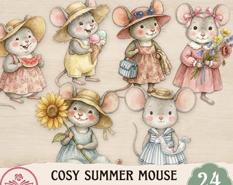 Ratón veraniego acogedor con recortes ingeniosos / Clip art PNG de ratón de bosque estilo cottagecore / Elementos imprimibles para álbumes de recortes — Rose & Pages