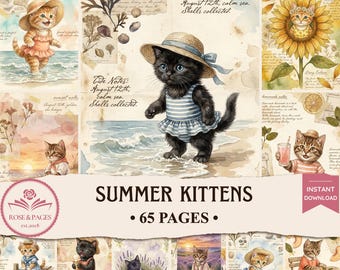 Páginas de diario de verano con temática de gatitos estilo cottagecore, papel efímero imprimible de acuarela vintage, kit de álbum de recortes digital, rosas y páginas.