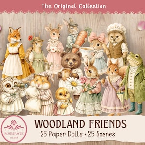 May include: A collection of illustrated woodland animal paper dolls including a fox, rabbit, hedgehog, owl, and frog. The text reads The Original Collection, Woodland Friends, 25 Paper Dolls, 25 Scenes, and Rose & Pages est.2018.