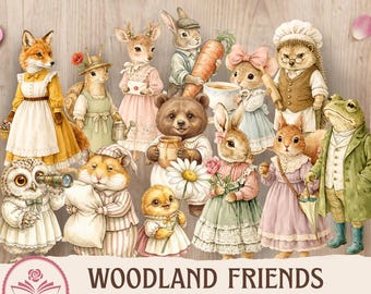 Kit imprimible de diario de recortes con muñecas de papel de animales estilo cottagecore, páginas de efímeros recortados con precisión, recortes de álbum de recortes de acuarela vintage, rosas y páginas.
