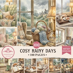 Könnte beinhalten: Aquarellillustration einer gemütlichen Szene mit einem Korb voller Wolle, Stricknadeln und einem gestrickten blauen Schal. Das Bild enthält eine Tasse Kaffee, Bücher und den Text "COSY RAINY DAYS - 100 PAGES - INSTANT DOWNLOAD."