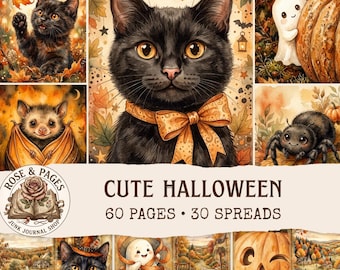 Lindo kit de diario de Halloween en negro y naranja, lindas páginas de diario de Halloween, papel para álbumes de recortes y tarjetas, paquete de papeles, efímeros de calabaza
