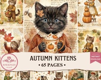Páginas de diario de otoño con gatitos estilo cottagecore, papel efímero imprimible de acuarela vintage, kit de álbum de recortes digital, rosas y páginas.