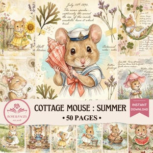 Puede incluir: Una hoja de collage digital titulada Cottage Mouse: Summer que presenta 50 páginas de ilustraciones de ratones en diversos entornos veraniegos, incluido un ratón central con traje de marinero sosteniendo una concha, con texto manuscrito y motivos botánicos.