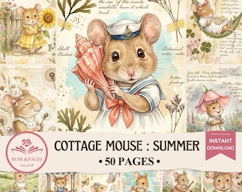 Páginas de diario de verano con temática de ratones estilo cottagecore, papel efímero imprimible de acuarela vintage, kit de álbum de recortes digital, rosas y páginas.