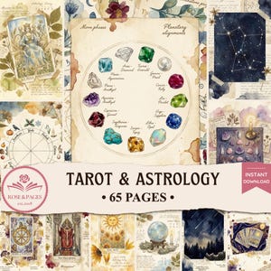 May include: A digital collection of 65 pages titled Tarot & Astrology featuring watercolor illustrations of tarot cards, zodiac gemstones, moon phases, planetary alignments, constellations, and celestial motifs with vintage paper textures and handwritten notes.