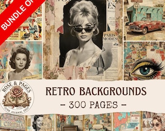 Paquete de papeles digitales con fondos retro, fondos vintage variados, estética de los años 70, 80 y 90, páginas para diario creativo, paquete de álbumes de recortes imprimibles