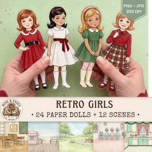 以下が含まれることがあります： レトロなスタイルの服を着た若いキャラクターのイラスト入り紙人形4体。赤いドレス、赤いサッシュ付きの白いドレス、緑のドレス、チェック柄のスカートに赤いブラウスを合わせた衣装で、デジタルダウンロードセットとして提供されています。