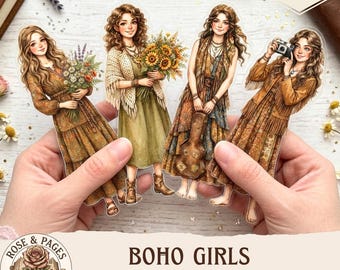 Kit de imágenes prediseñadas de muñecas de papel estilo Boho Girls de los años 70, kit de teatro de marionetas, muñeca recortable estilo Boho vintage, 24 muñecas, kit de manualidades, set de efímeros para álbum de recortes
