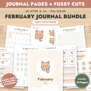 Paquete imprimible para diario de febrero, páginas de diario con gatos acogedores + recortes, kit para diario creativo, efímeros, Bullet Journal, registro de estado de ánimo, tamaño carta A4