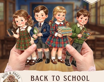 Muñecas de papel para niños de regreso a clases, imágenes prediseñadas para álbumes de recortes, efímeros para manualidades y scrapbooking, hoja de collage digital, escenas escolares, actividad para niños