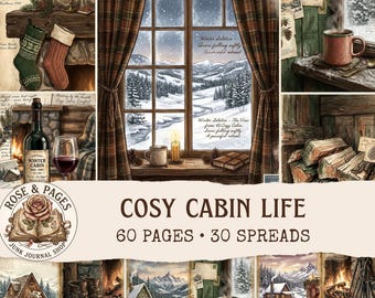 Kit de diario de cabaña invernal acogedora, páginas para diario de cabaña invernal, papel para álbumes de recortes y tarjetas, paquete de papeles de estilo vintage, efímeros de cabaña