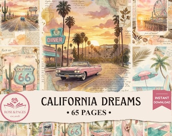 Páginas de diario de recortes "Sueños californianos retro" / Artículos efímeros vintage de Los Ángeles de los años 50 en tonos pastel / Kit de álbum de recortes imprimible estilo cottagecore — Rose & Pages