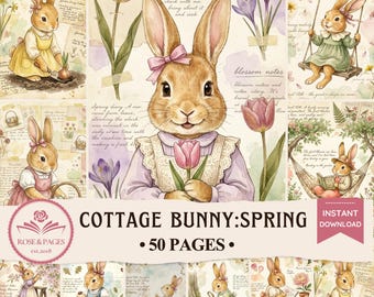 Páginas de diario de recortes primaverales con conejitos estilo cottagecore, papel efímero imprimible de acuarela vintage, kit de álbum de recortes digital, rosas y páginas.