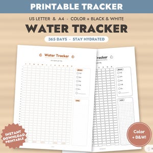 Könnte beinhalten: Ein ausdruckbares Wassertracker-Dokument mit einem 365-Tage-Raster, einem Bereich für Gläser pro Tag und einem Notizbereich. Der Text enthält PRINTABLE TRACKER, WATER TRACKER, 365 DAYS, STAY HYDRATED, INSTANT DOWNLOAD PRINTABLE und Color + B&W.