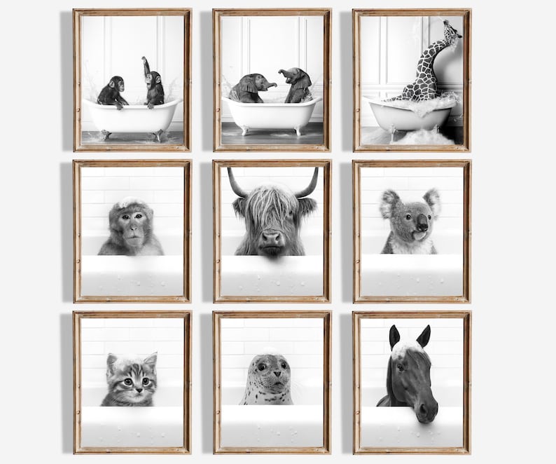 350 Funny Bathroom Animal Wall Art Bundle | Black & White Prints | Kids ...