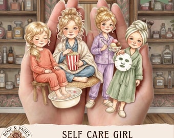 Self Care Girl Paper Doll Clipart, Cottagecore Cozy Days Fussy Cut PNG, Comfy Pyjama Journal Kit, 18 Dolls + 10 Scenes, Printable
