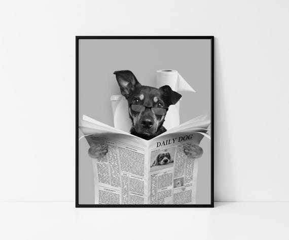 Custom Pet Portrait, Dog Read Newspaper in Toilet, Funny Pet Portrait, Black and white, Kids Bathroom Wall Art, Personalized Cat Dog Gift