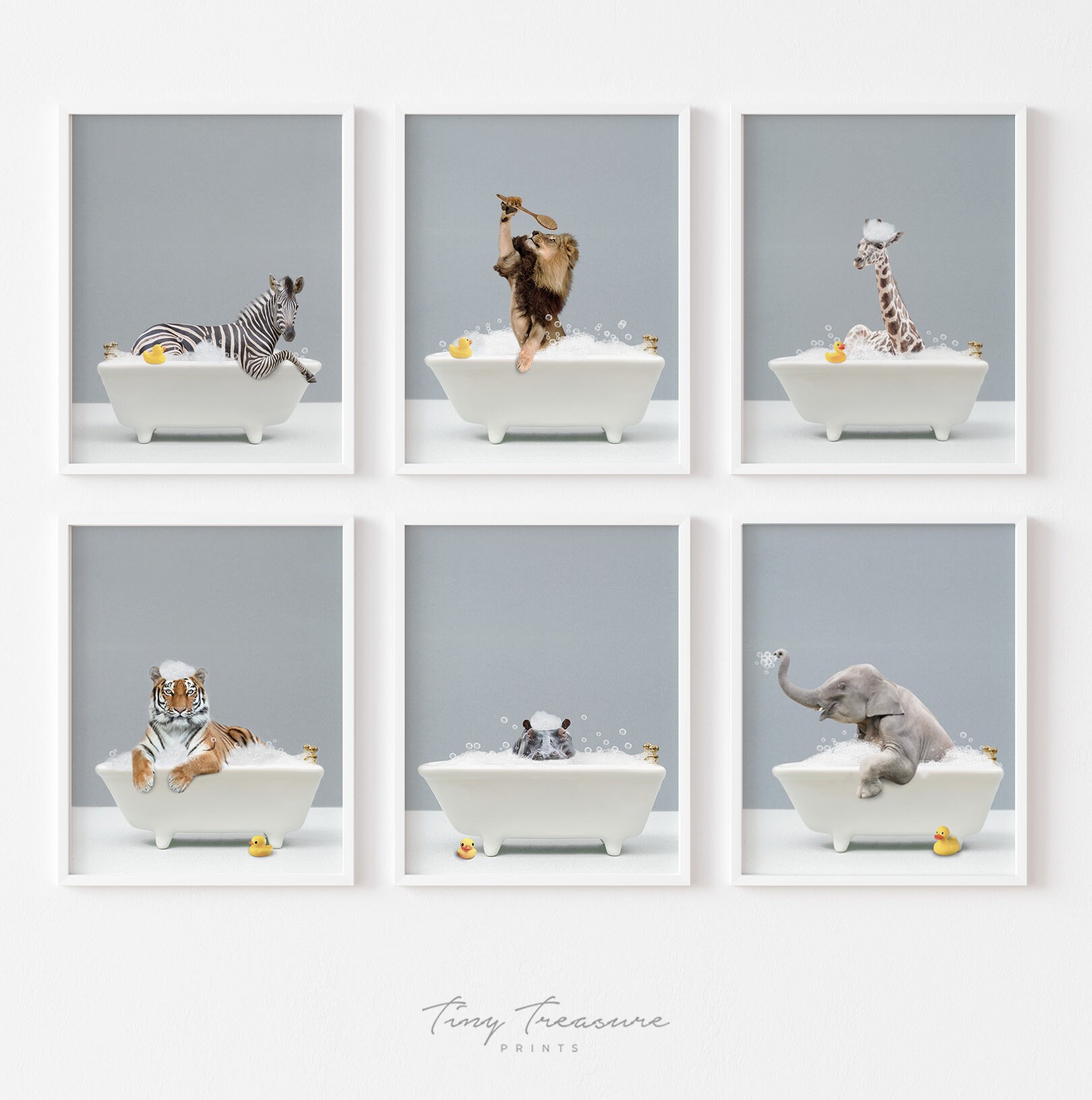 Safari Animals in Bathtub Set of 6 Prints Whimsy Animal Art Etsy