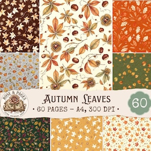 May include: A digital collection of 60 A4 pages featuring autumn leaf patterns. The designs include various foliage, chestnuts, and acorns in color palettes of brown, orange, green, and cream. The text reads: ROSE & PAGES AUTUMN LEAVES 60 PAGES - A4, 300 DPI.