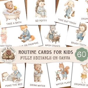 May include: A collection of square routine cards for kids featuring watercolour illustrations of animals performing daily tasks. Each card includes a caption such as Take a Bath, Go Potty, Take Out Trash, Brush Teeth, Put on Pajamas, Wash Dishes, Make the Bed, Drink Water, Water Plant, and Organize. The central banner displays the text Rose & Pages Junk Journal Shop, Routine Cards for Kids, Fully Editable on Canva, and 60.