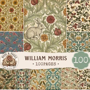May include: A collection of 100 pages featuring William Morris inspired patterns with botanical motifs, rabbits, birds, pomegranates, and floral designs. The paper set includes various illustrations in earthy tones, blue, and green, with a logo reading Rose & Pages Junk Journal Shop.