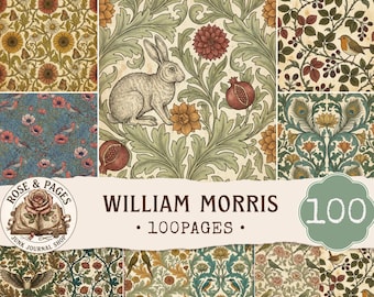 May include: A collection of 100 pages featuring William Morris inspired patterns with botanical motifs, rabbits, birds, pomegranates, and floral designs. The paper set includes various illustrations in earthy tones, blue, and green, with a logo reading Rose & Pages Junk Journal Shop.