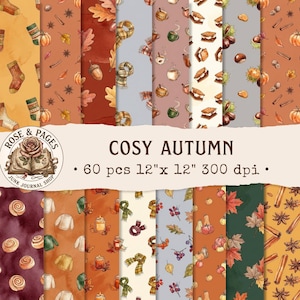 Può includere: Una collezione di carta digitale intitolata COSY AUTUMN con 60 pezzi da 30,5 cm x 30,5 cm a 300 dpi. I motivi mostrano illustrazioni ad acquerello di temi autunnali tra cui zucche, foglie, sciarpe, maglioni, s'mores, castagne e bastoncini di cannella.