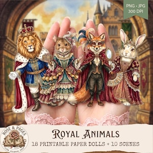 Peut inclure: Une collection numérique de poupées en papier à imprimer représentant quatre animaux anthropomorphes en tenue royale : un lion, une souris, un renard masqué et un lapin. Le texte indique Royal Animals, 18 Printable Paper Dolls + 10 Scenes.