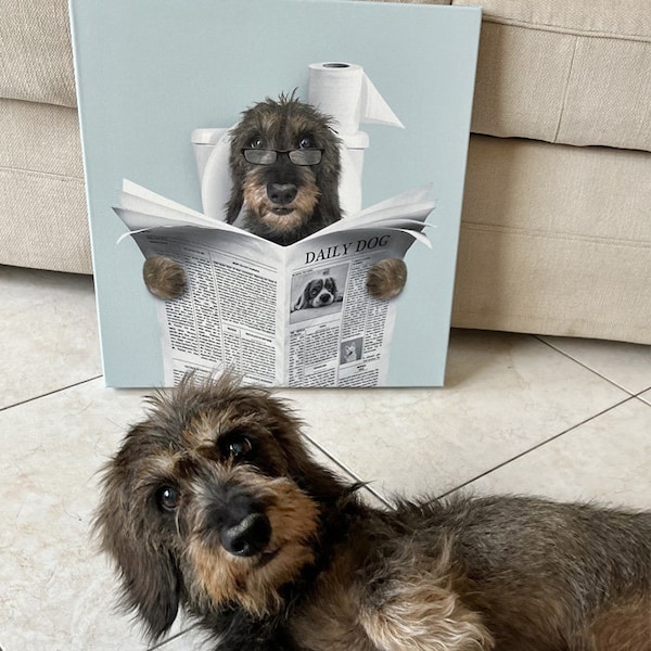 Custom Pet Portrait, Dog Read Newspaper in Toilet, Funny Pet Portrait, Pet Customization, Kids Bathroom Wall Art, Personalized Cat Dog Gift