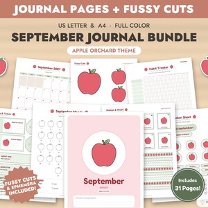 September Journal Bundle Printable, Apple Orchard Journal Pages + Fussy Cuts, Junk Journal Kit, Ephemera, Bullet Journal, Mood Tracker