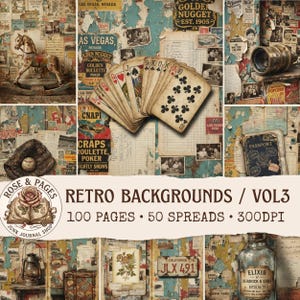 Peut inclure: Une collection numérique de 100 pages de fond rétro et 50 doubles pages présentant des images vintage comme des cartes à jouer, un cheval à bascule, un gant de baseball, un passeport et une bouteille d'élixir, intitulée Rose & Pages Retro Backgrounds Vol 3.
