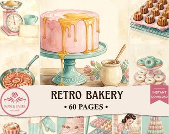 Páginas de diario de estilo pastelero rosa / Artículos de repostería vintage de los años 50 en tonos pastel / Kit de álbum de recortes imprimible estilo cottagecore — Rose & Pages