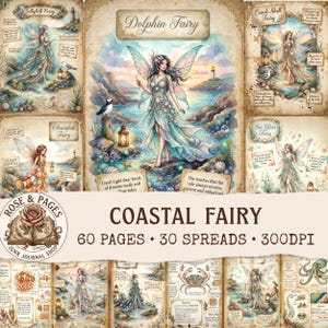 May include: A digital junk journal kit titled Coastal Fairy featuring 60 pages and 30 spreads at 300DPI. The collection displays various fairy illustrations with coastal themes, including jellyfish, dolphin, conch shell, clownfish, and sea glass fairies.