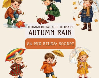Kit de imágenes prediseñadas de lluvia otoñal acogedora, PNG de cuento infantil vintage de los años 50, imágenes prediseñadas retro de otoño para álbumes de recortes, diarios creativos, paquete de manualidades efímeras