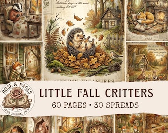 以下が含まれることがあります： 60ページと30スプレッドで構成されるLittle Fall Crittersというタイトルのジャンクジャーナルキット。表紙には、ハリネズミ、キツネ、リスなどの森の動物たちが秋の風景の中に描かれたイラストと、Autumn Treasuresなどのテキストが含まれています。