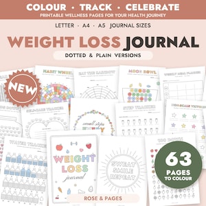 Könnte beinhalten: Eine Sammlung druckbarer Wellness-Seiten mit dem Titel Weight Loss Journal, die gepunktete und einfache Versionen in den Formaten Letter, A4 und A5 enthält. Die Seiten umfassen Tracker für Wasser, Gewohnheiten, Schritte, Stimmung und Fitness, mit 63 ausmalbaren Seiten.