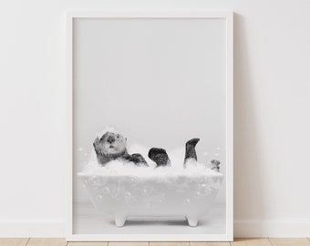 Otter in bathtub Printable, Otter Wall Decor, Otter Bathing, Funny Bathroom Print, Animal in bathtub, Kids Bathroom Art, Whimsy Animal Art